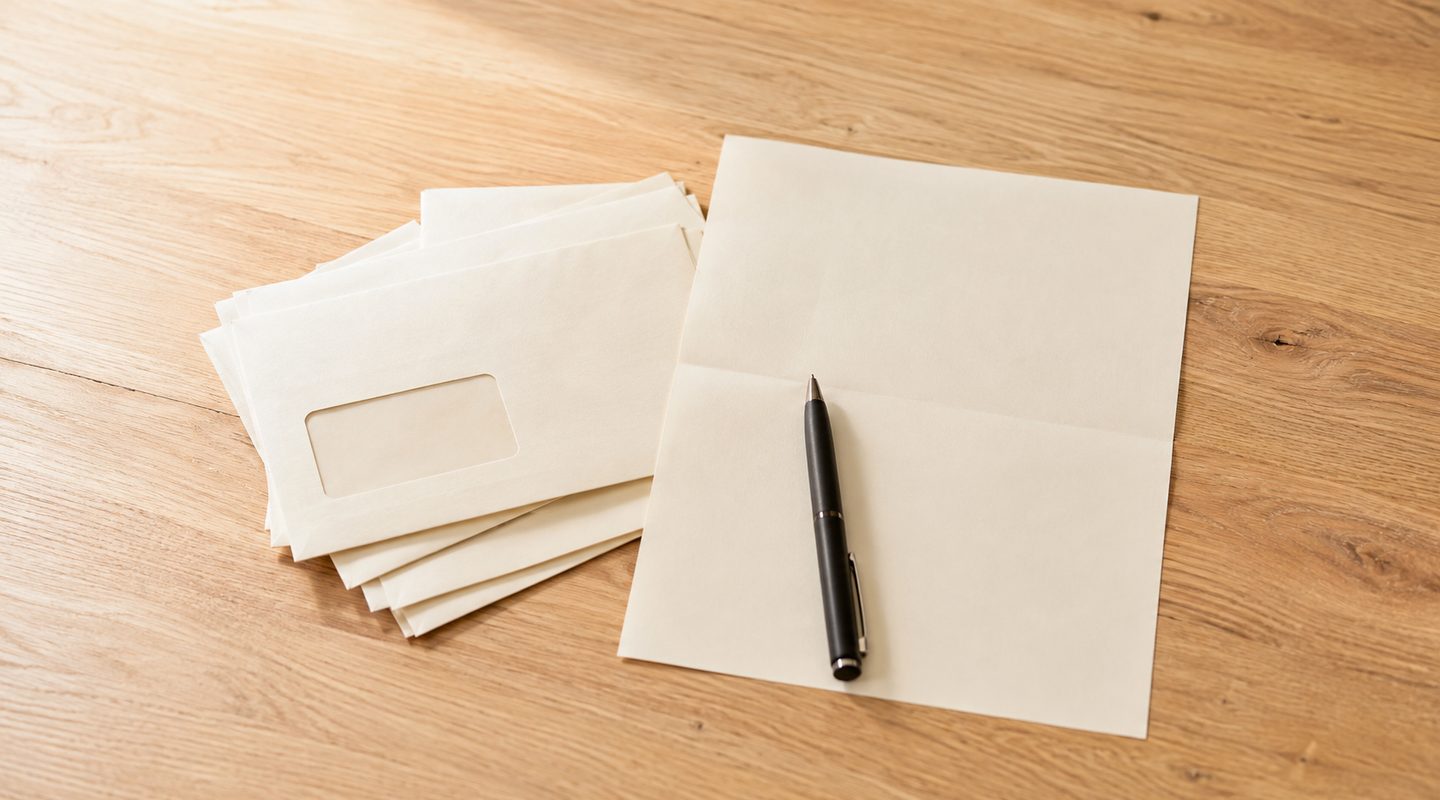 A small stack of envelopes and a pen on a light wooden table in daylight