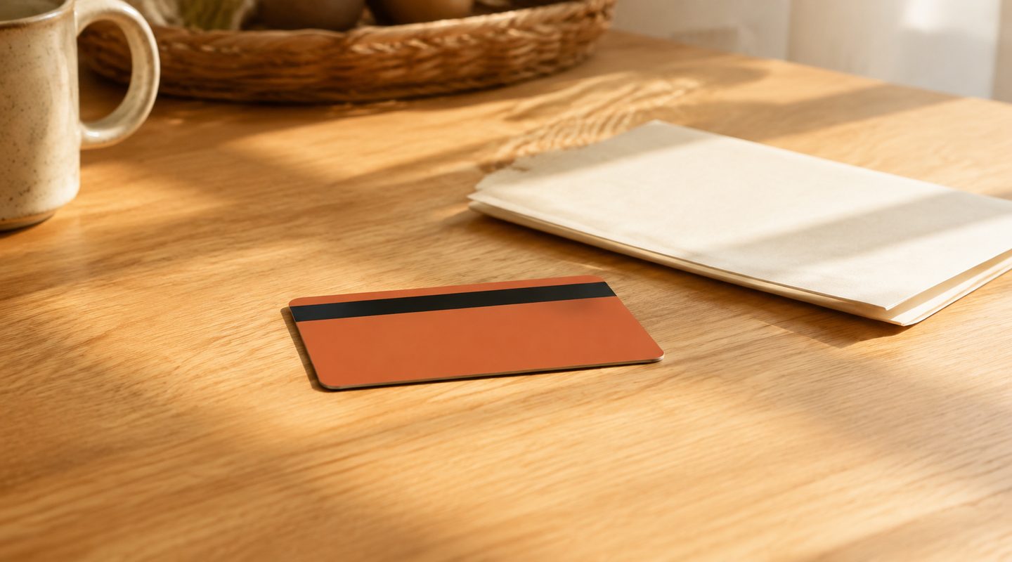 A plain credit card and a folded paper statement on a sunlit oak table