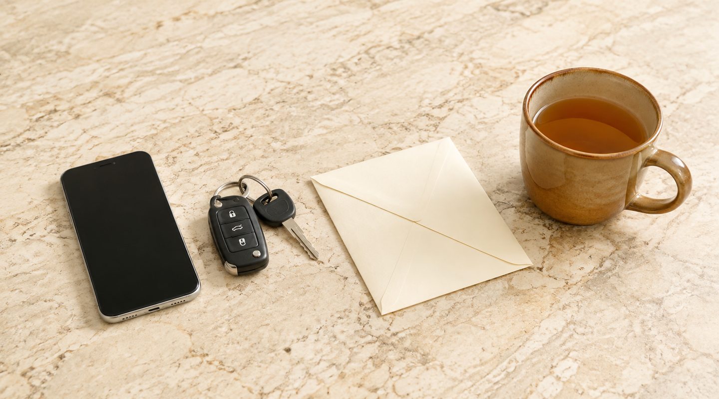 A phone, car keys, an envelope and a mug of tea on a sunlit kitchen counter